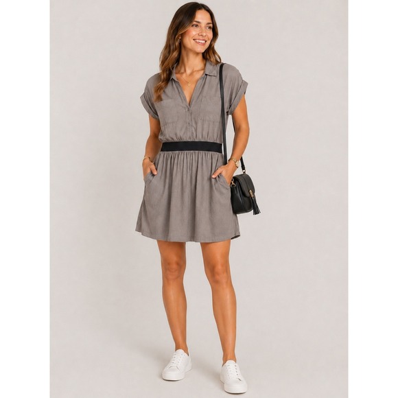 Theory Dresses & Skirts - Theory Gray Shirt Dress Sz Small Cotton Modal Mini Dress Black Waistband Pockets